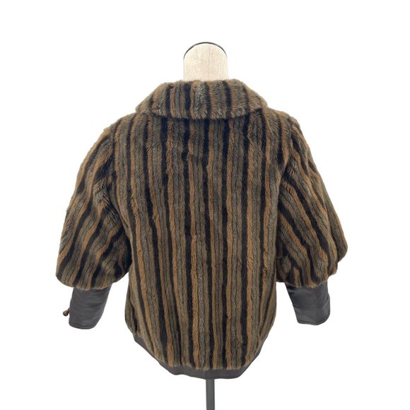 50s 60s Striped Faux Fur & Leather Criss Cross Cuff Puffed Sleeve Formal Coat - Picture 5 of 9